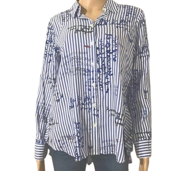 CHICO’S White Blue Striped Conversational Rayon Hi Lo Shirt Tunic Top - Picture 1 of 9
